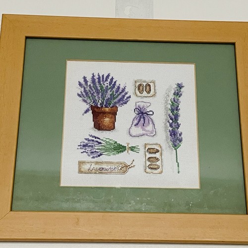 Framed cross stitch - cross, lavender