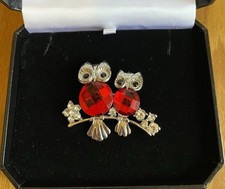 Silver Tone Owl Brooch With Red Lucite Bodies & Clear Rhinestones