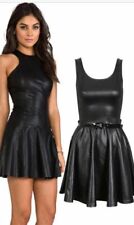 Ladies WET LOOK PVC Belted Plus Size Flared  Skater Dress 8-26