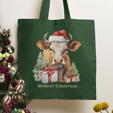 Vintage Christmas Cow Organic Tote Bag | Festive Xmas Farm Calf Animal Love gift