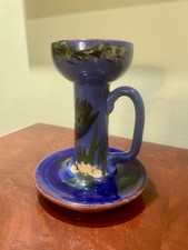 LONGPARK TORQUAY POTTERY KINGFISHER CANDLESTICK / CANDLE HOLDER BLUE DEVON BIRD