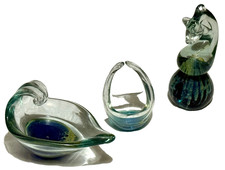 Mdina Signed Art Glass Seahorse 185mm high plus Basket & Dish 3 pce Collection