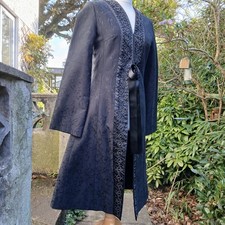 Black Jacquard Gothic Coat Long Satin Bead Ribbon Trim Special Occasion 10 12