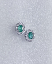 Natural Emerald Oval Halo Stud Earrings 925 Sterling Silver Handmade Jewelry