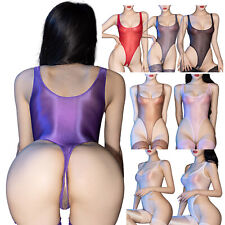 UK Womens Sexy Glossy U Neck Crotchless Bodysuit See-through High Cut Leotard