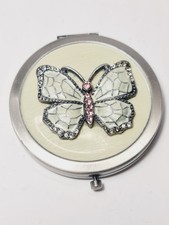 Silver Colored Ladies Compact Mirror - Pink & Silver Diamantes Butterfly Motif
