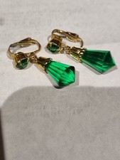 Vintage Earrings Costume Jewellery Green Dangle Stone Static Stone Clip-on 30mm