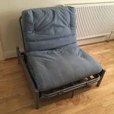 Futon Style Chair Fold Out Sofa Bed . Blue Mattress , Grey Silver Metal Frame
