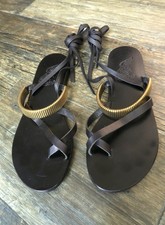 Ancient Greek black & gold flat tie ankle Sandals 39 UK6