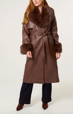 Brown Faux Fur PU Trench Coat