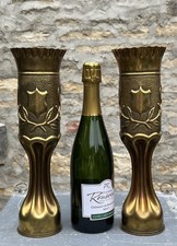 WW1 TRENCH ART SHELL CASE PAIR, EMBOSSED OLIVE BRANCHES & ALSACE 1918 - H34cm 