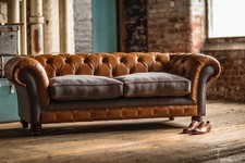 HANDMADE 3 SEATER RUSTIC TAN BROWN LEATHER & GREY WOOL VINTAGE CHESTERFIELD SOFA