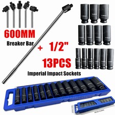 13pc 1/2'' Dr 6 Sided Deep Impact Socket Set Sockets + 24”Breaker Power Bar UK