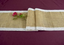 Hessian Table Runners for Weddings Garden Parties Adorned with Cotton Lace Trims