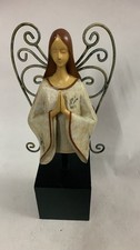 Resin & Metal Angel Figurine with Ornate Iron Wings on Stand 