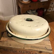 Vintage Well-Used Cream Enamel Lidded Roasting Dish – Green Trim – Shabby! –