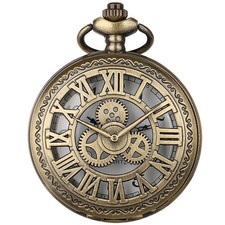 Steampunk Quartz Pocket Watch with Chain Arabic Numerals Dial Hollowed-out Cover
