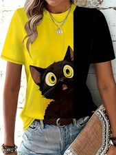PLUS SIZE 18 24 LADIES YELLOW FUNNY CAT PRINT TOP BLOUSE T SHIRT STRETCH CURVE