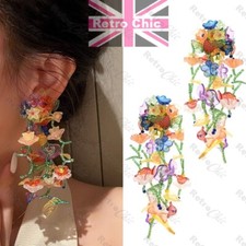12cm long BIG chandelier FLOWER&VINE bead EARRINGS beaded VTG FLOWERS zara style