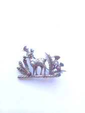 Vintage Brooch Pin Scottish Thistle Flower Deer Animal Silver Tone Metal