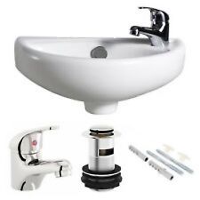 Small Compact Bathroom Cloakroom Basin Sink Wall Hung 395mmx233mm  + Tap+ Waste