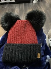 Woolk Beanie Hat Faux  Fur Pom Poms  Red/Black One Size