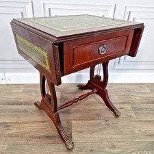 Antique Wooden Regency Drop Leaf Sofa Side Table Lyre Base - Mahogany Leather