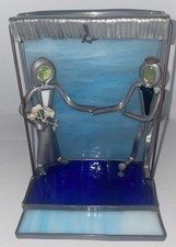 Jewish Wedding Chuppah Figurine Metal & Blue Stained Glass Handmade Judaica 6”T