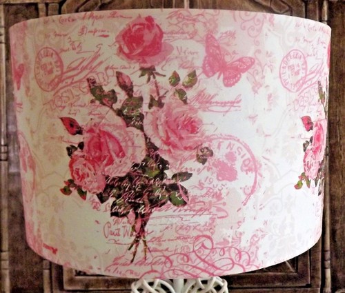 Rose script postcard - pink, lamp