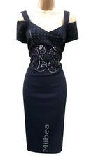 Karen Millen  10 UK Black Embroidered Bardot Cold Shoulder Cocktail Pencil Dress