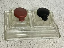 ACE ART DECO CLEAR GLASS DESK SET PEN TRAY & INK BOTTLES WITH BAKELITE TOPS c30s