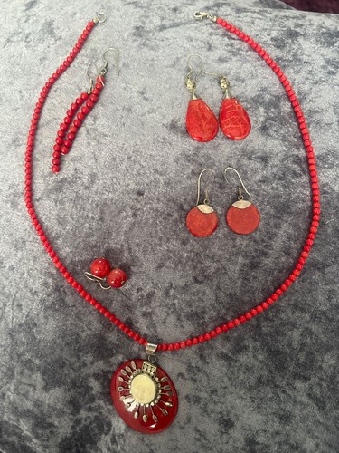 Red coral sterling silver set - coral,