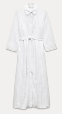 Zara White Stripped Belted Midi Shirt Dress Size M RRP £59.99.