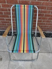 Vintage Original Wood Arms Aluminum Deck Chair Stripe Garden Picnic Camper