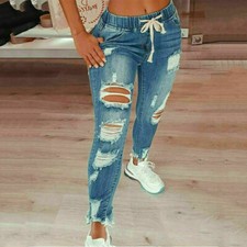 Womens Fashion Ripped Jeans Elastic Waist Trousers Ladies Skinny Fit Denim Pants