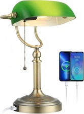 Newrays Bankers Desk Lamp Matte Green Glass Pull Chain Switch USB Charging Port