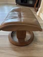 Ekornes Stressless Ottoman Footstool Tan Leather, Teak Base Made in Norway 