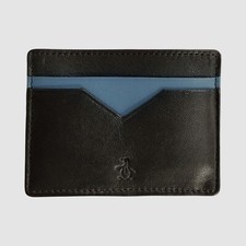 Original Penguin Men Black Blue Leather ID Holder Card Case
