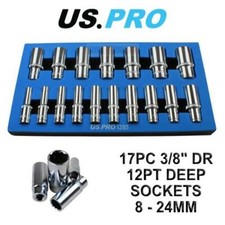 US PRO 17pc 3/8 dr Deep Sockets 12 point 8 - 24mm 1393