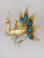 Fancy/ Gaudy/ Fun Gold Metal Peacock Tea Light Candle Holder With Turquoise Gems