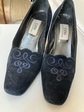 Suede navy court shoes, scolloped with a pattern on the top area, 6cm heel.