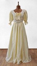 Vintage 80s Dress Bridesmaid Handmade Long Maxi Yellow Stripes Lace Bow - UK 10