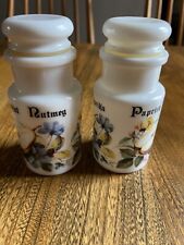 2 Vintage White Opaque Glass Spice Jars nutmeg & paprika