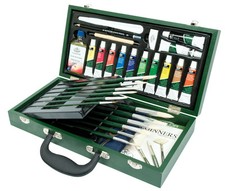 Artist Oil Colour Painting Wooden Box Set Brushes Paint Palette Linseed 31 Piece