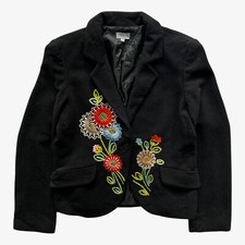 Vintage 90s Women's Naf Naf Wool Blend Blazer With Floral Embroidery, Bohemian