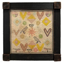 Dated 1804 Schoolgirl Antique Needlework Sampler Folk Art Primitive Naive Heart