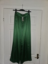Emerald Green Faux Silk Long Wide Leg Trousers UK Size 8