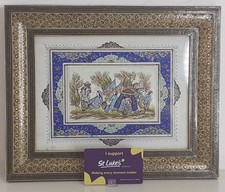 VINTAGE KHATAM KARI INLAY FRAME PERSIAN PAINTING CAMEL BONE - Village Scene