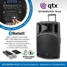 QTX QX15PA-PLUS 15" Portable PA Speaker With Bluetooth 2 Wireless Mics & Cover