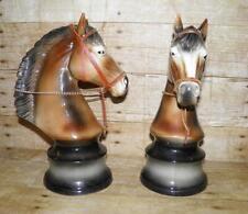 Vintage Pair of Ceramic Horse Head Bust Figures With Leather & Brass Bridles